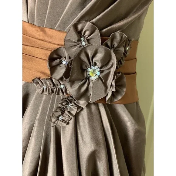 Simone Carvalli Dress Brown Woodland Forest Fairy Ruched Floral Appliqué Size 12 - Picture 3 of 16